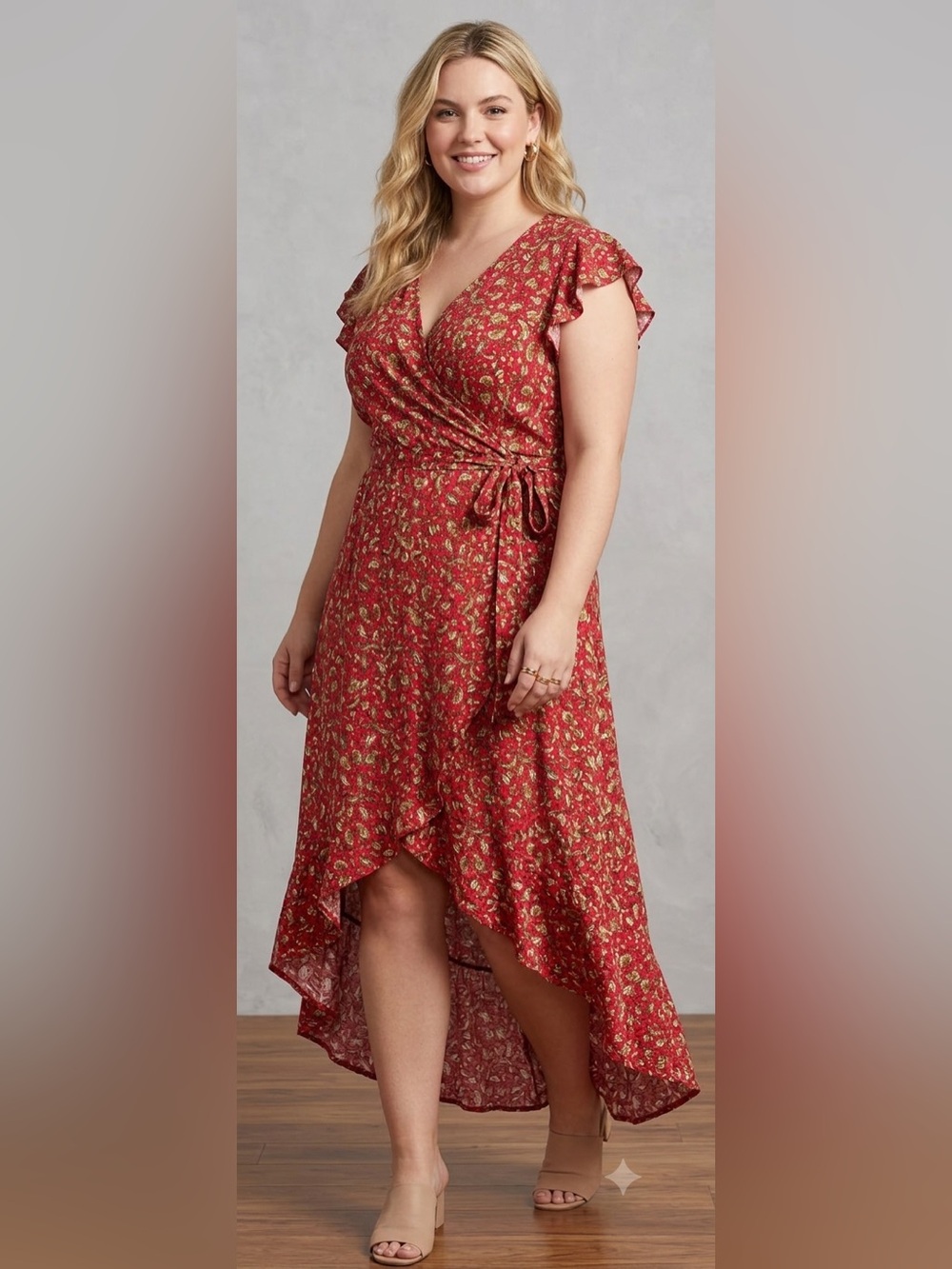 Red Paisley High-Low Wrap Dress
